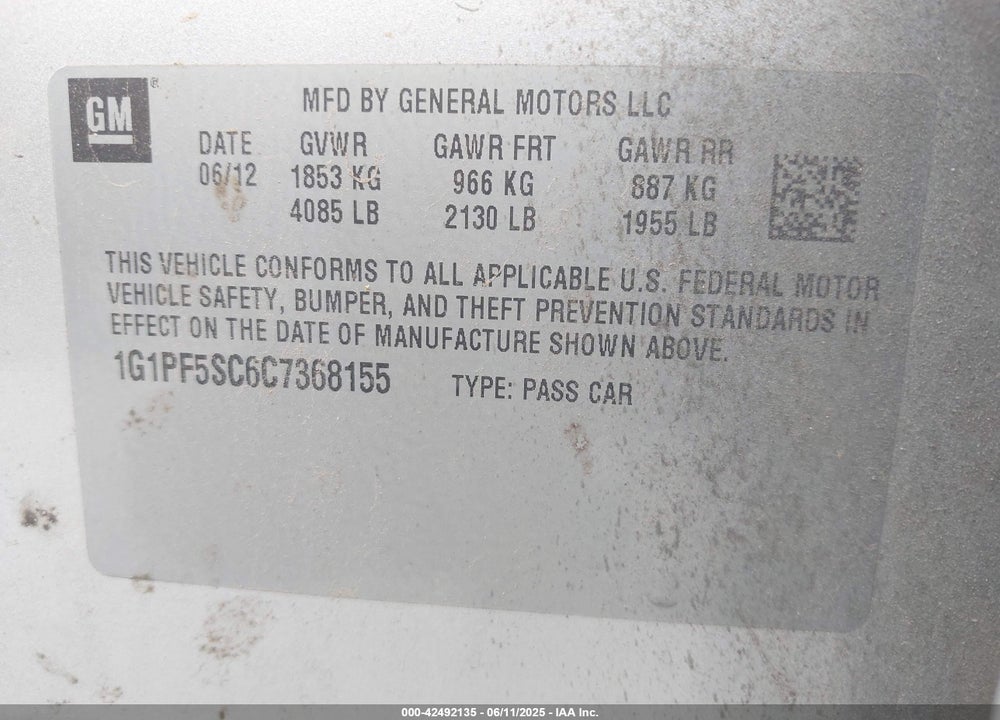 2012 CHEVROLET CRUZE VIN: 1G1PF5SC6C7368155