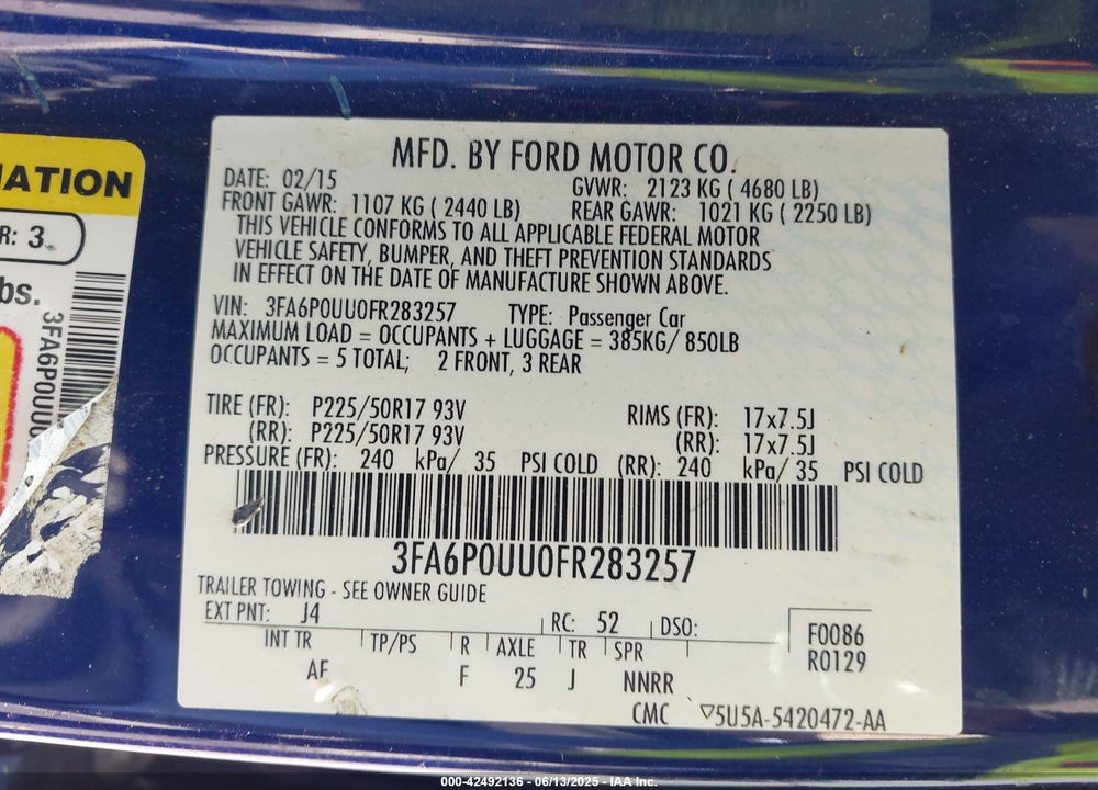 2015 FORD FUSION HYBRID VIN: 3FA6P0UU0FR283257
