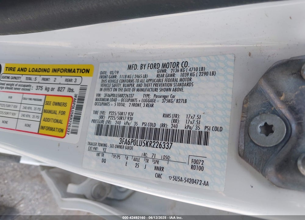 2019 FORD FUSION HYBRID VIN: 3FA6P0LU5KR226337