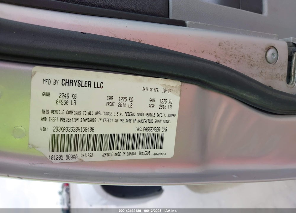 2008 DODGE CHARGER VIN: 2B3KA33G38H158406