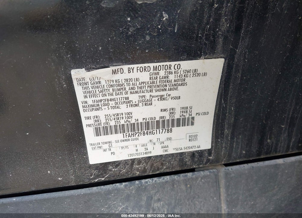 2017 FORD TAURUS VIN: 1FAHP2F84HG117788