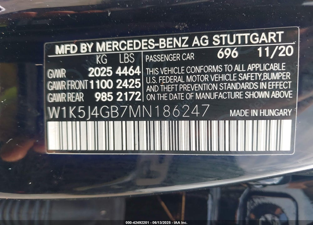 2021 MERCEDES-BENZ CLA-CLASS VIN: W1K5J4GB7MN186247