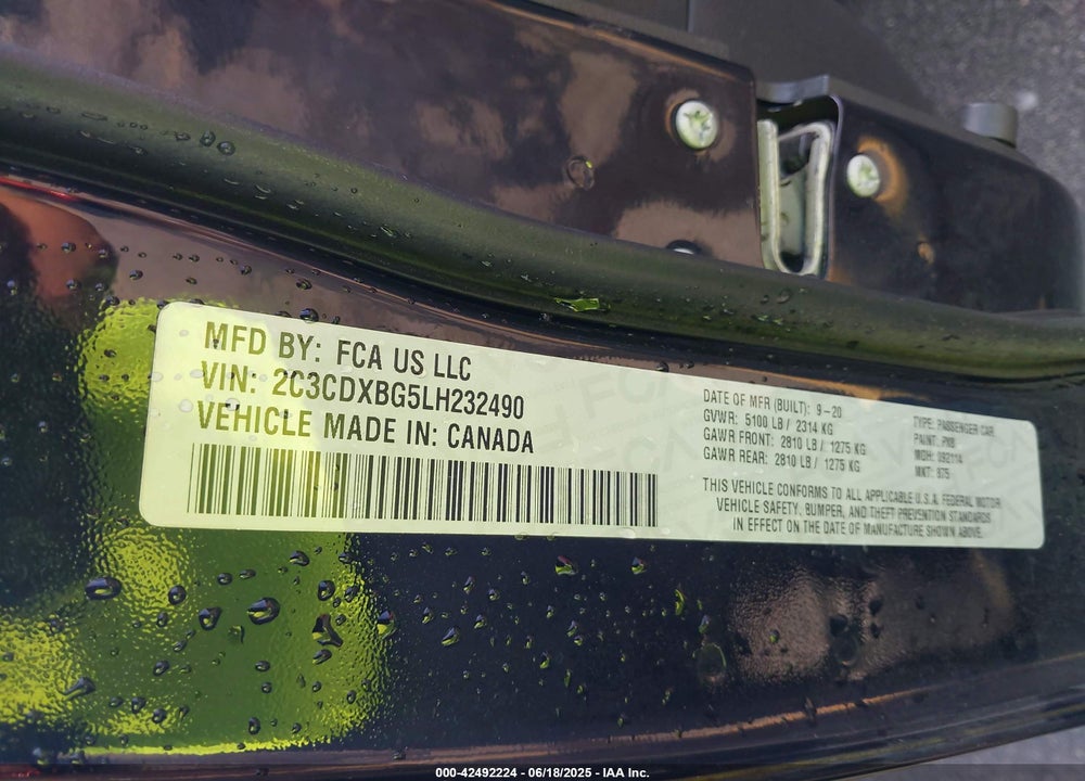 2020 DODGE CHARGER SXT RWD VIN: 2C3CDXBG5LH232490