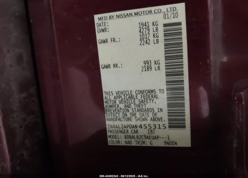2010 NISSAN ALTIMA VIN: 1N4AL2AP0AN455315