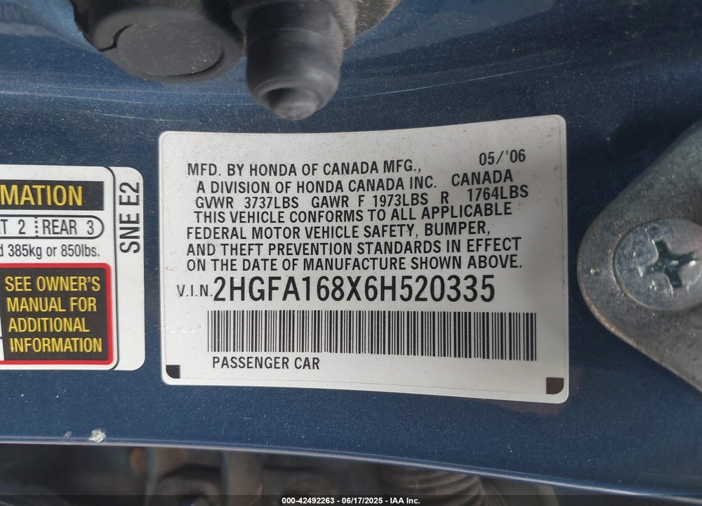 2006 HONDA CIVIC EX VIN: 2HGFA168X6H520335