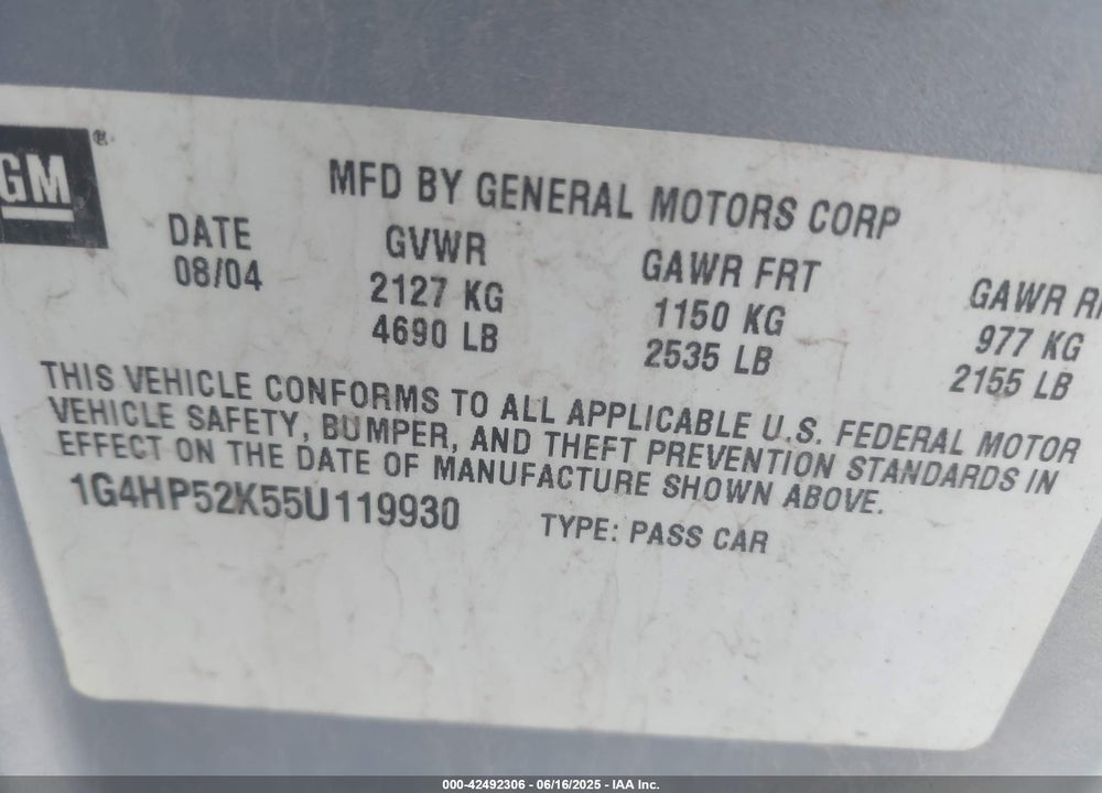 2005 BUICK LESABRE CUSTOM VIN: 1G4HP52K55U119930