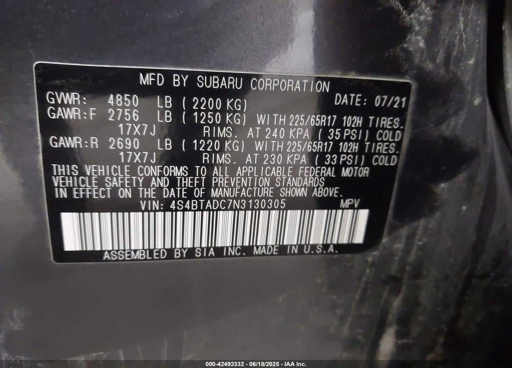 2022 SUBARU OUTBACK VIN: 4S4BTADC7N3130305