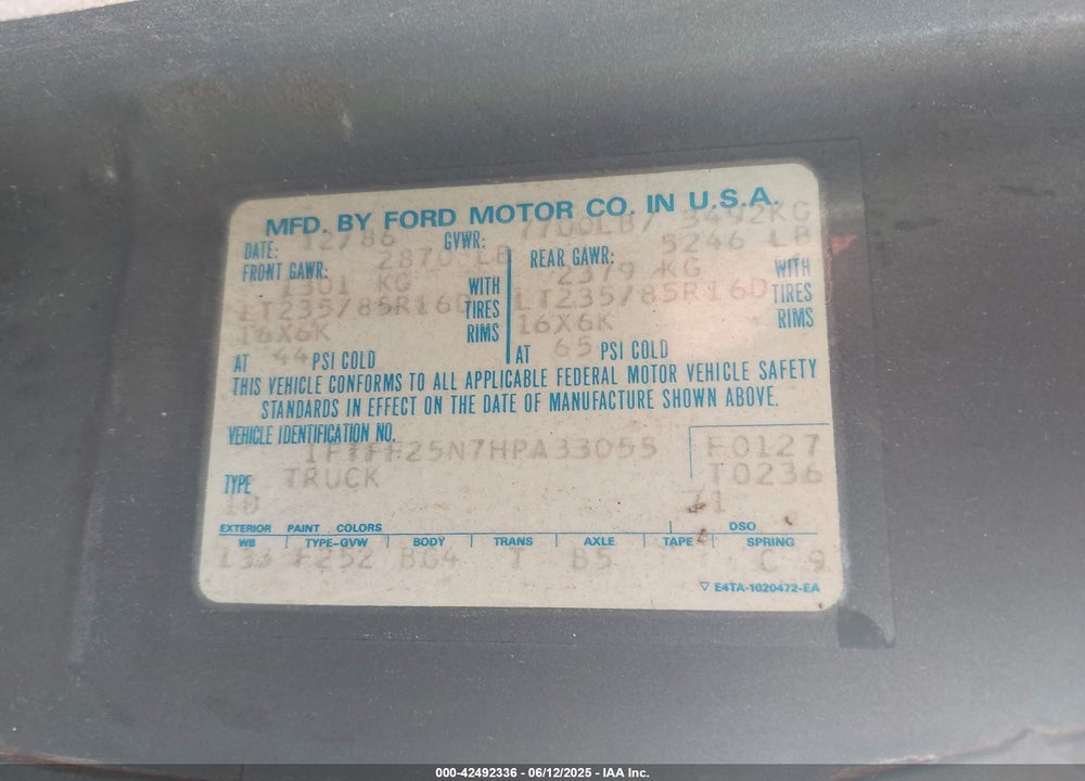 1987 FORD F250 VIN: 1FTFF25N7HPA33055