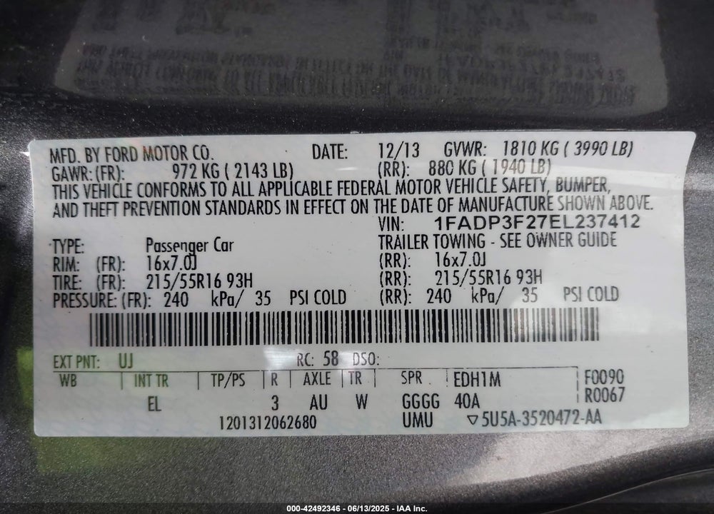 2014 FORD FOCUS VIN: 1FADP3F27EL237412