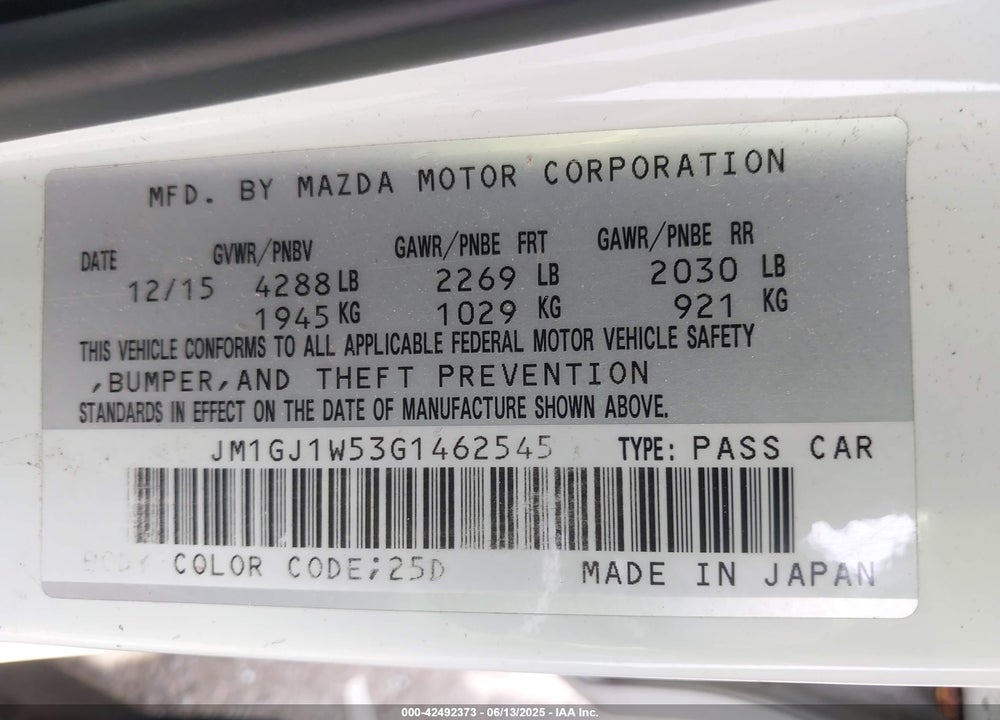 2016 MAZDA 6 VIN: JM1GJ1W53G1462545