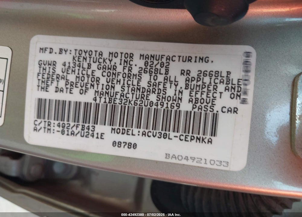 2002 TOYOTA CAMRY LE VIN: 4T1BE32K62U049169