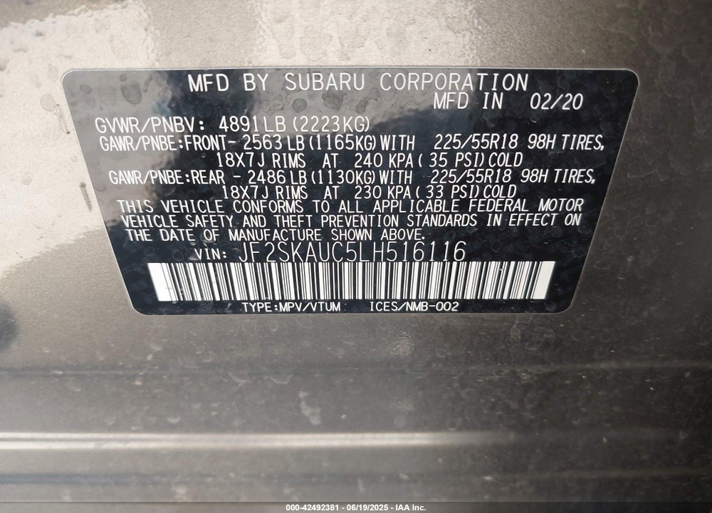 2020 SUBARU FORESTER VIN: JF2SKAUC5LH516116