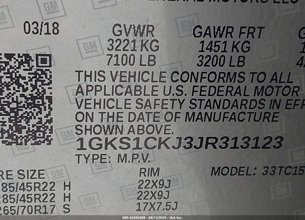 2018 GMC YUKON VIN: 1GKS1CKJ3JR313123