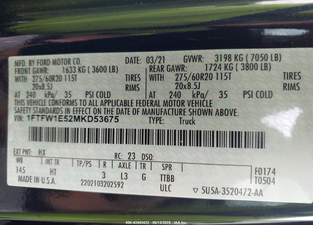 2021 FORD F-150 VIN: 1FTFW1E52MKD53675