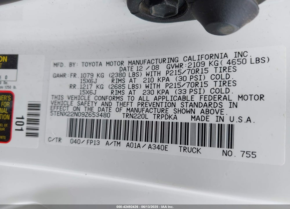 2009 TOYOTA TACOMA VIN: 5TENX22N09Z653480