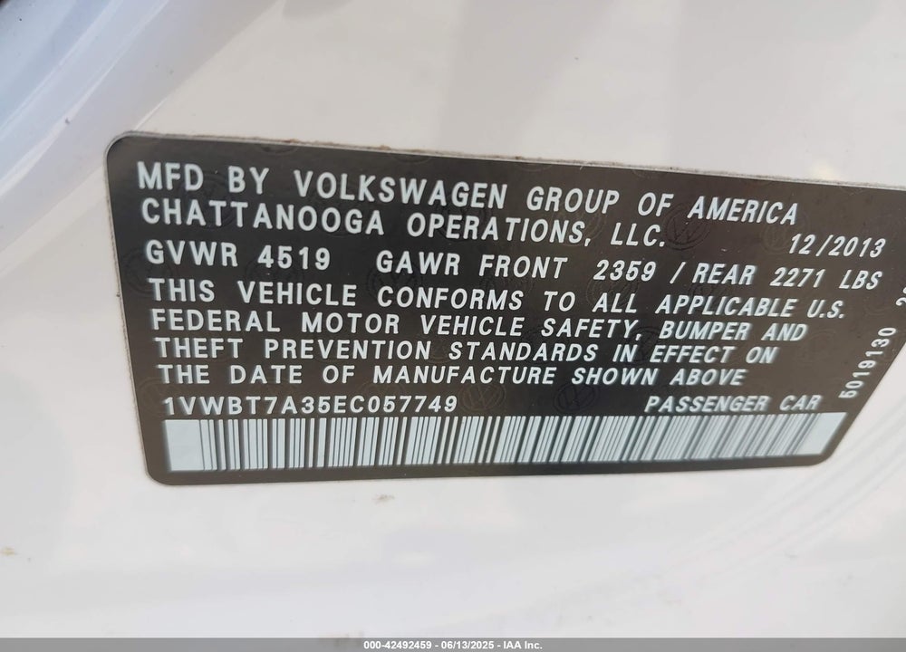 2014 VOLKSWAGEN PASSAT VIN: 1VWBT7A35EC057749