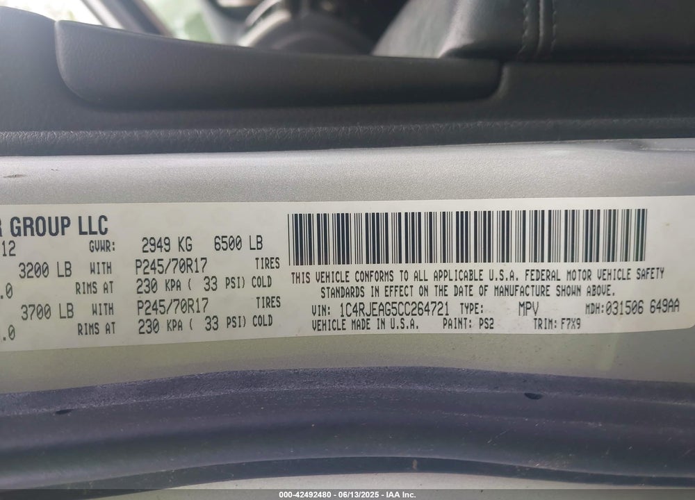 2012 JEEP GRAND CHEROKEE VIN: 1C4RJEAG5CC264721