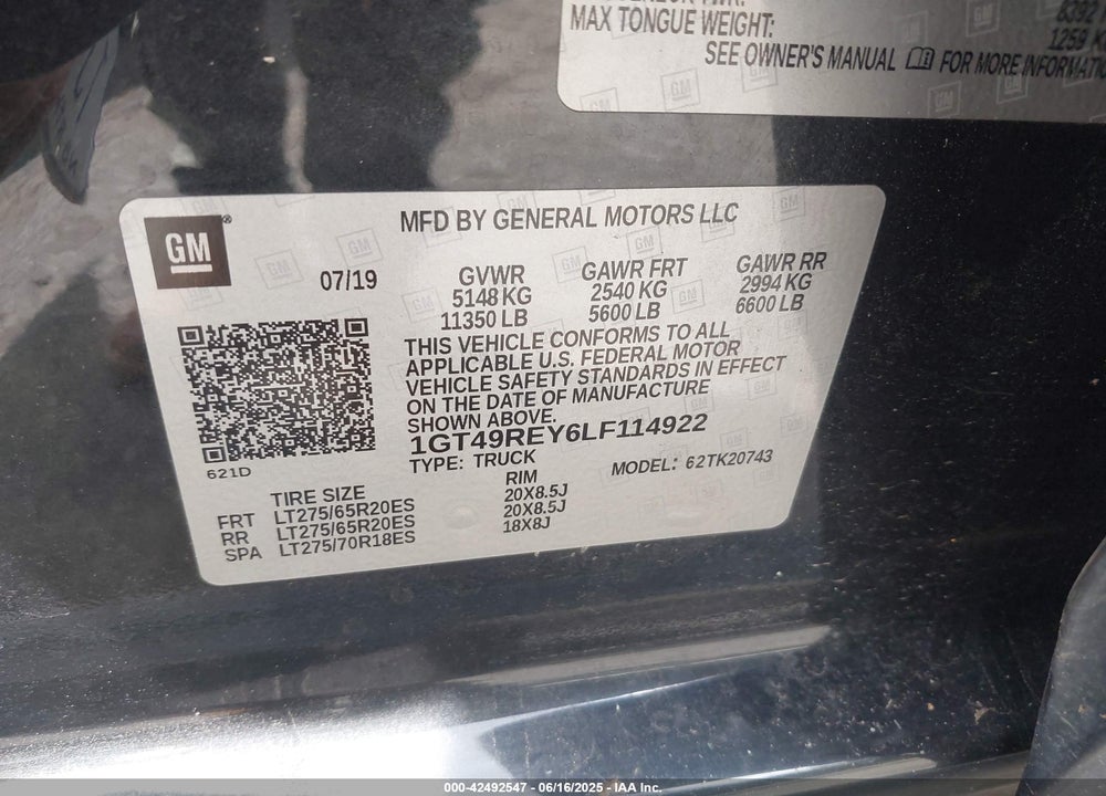 2020 GMC SIERRA 2500HD 4WD  STANDARD BED DENALI VIN: 1GT49REY6LF114922