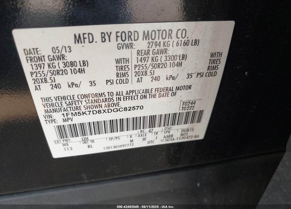 2013 FORD EXPLORER VIN: 1FM5K7D8XDGC82570