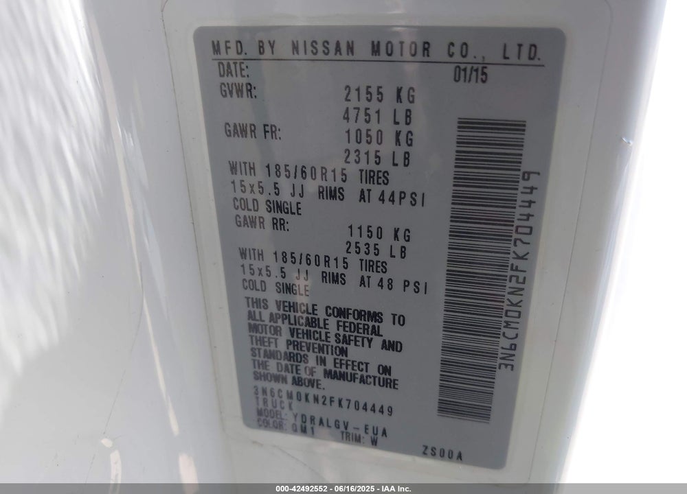 2015 NISSAN NV200 SV VIN: 3N6CM0KN2FK704449