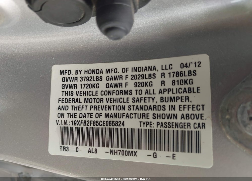 2012 HONDA CIVIC VIN: 19XFB2F85CE065824