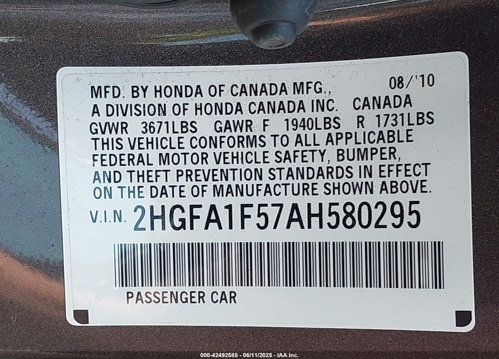 2010 HONDA CIVIC VIN: 2HGFA1F57AH580295