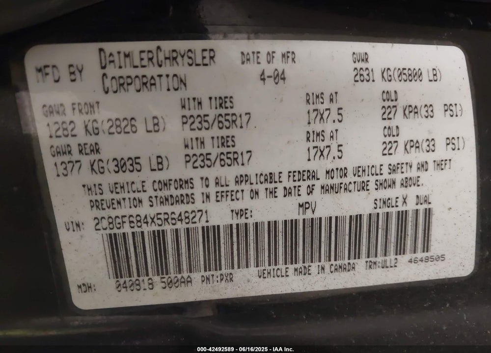 2005 CHRYSLER PACIFICA TOURING VIN: 2C8GF684X5R648271