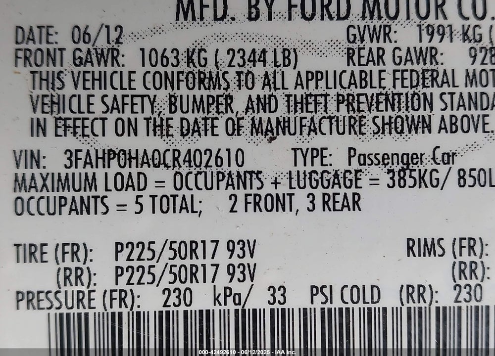 2012 FORD FUSION VIN: 3FAHP0HA0CR402610