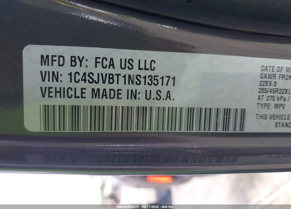2022 JEEP WAGONEER VIN: 1C4SJVBT1NS135171