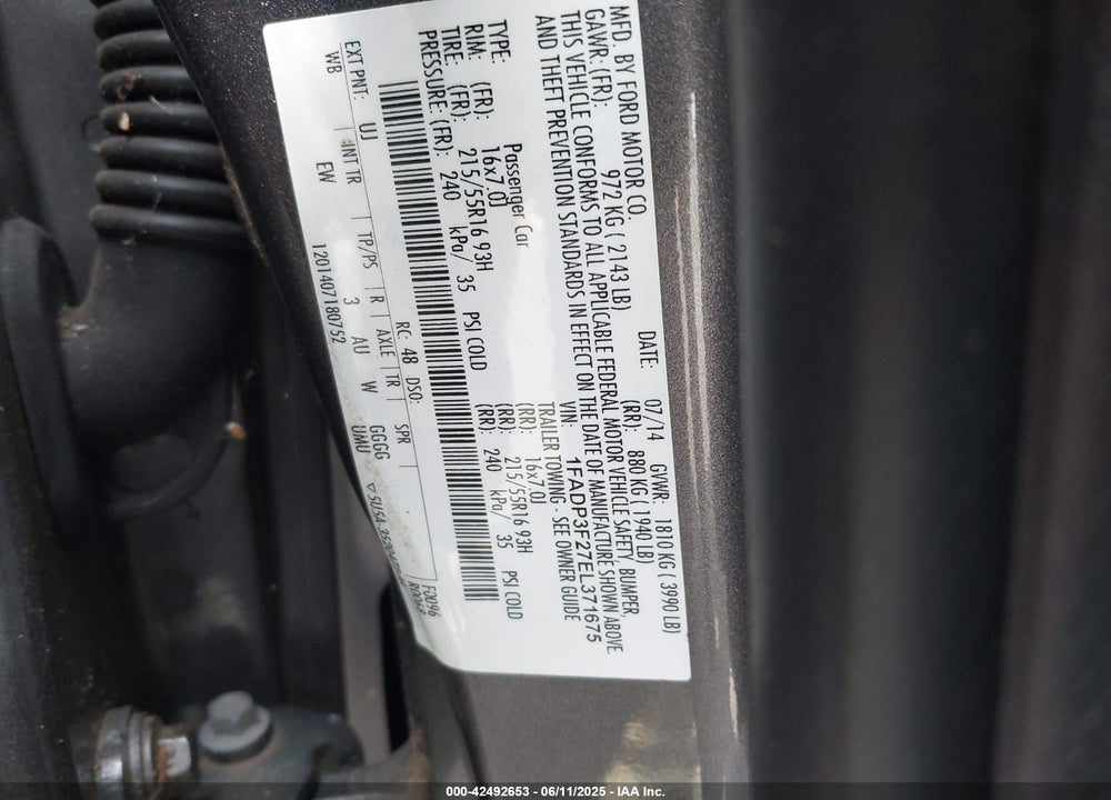 2014 FORD FOCUS VIN: 1FADP3F27EL371675