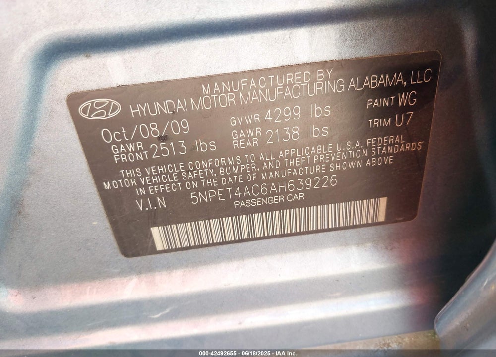 2010 HYUNDAI SONATA VIN: 5NPET4AC6AH639226