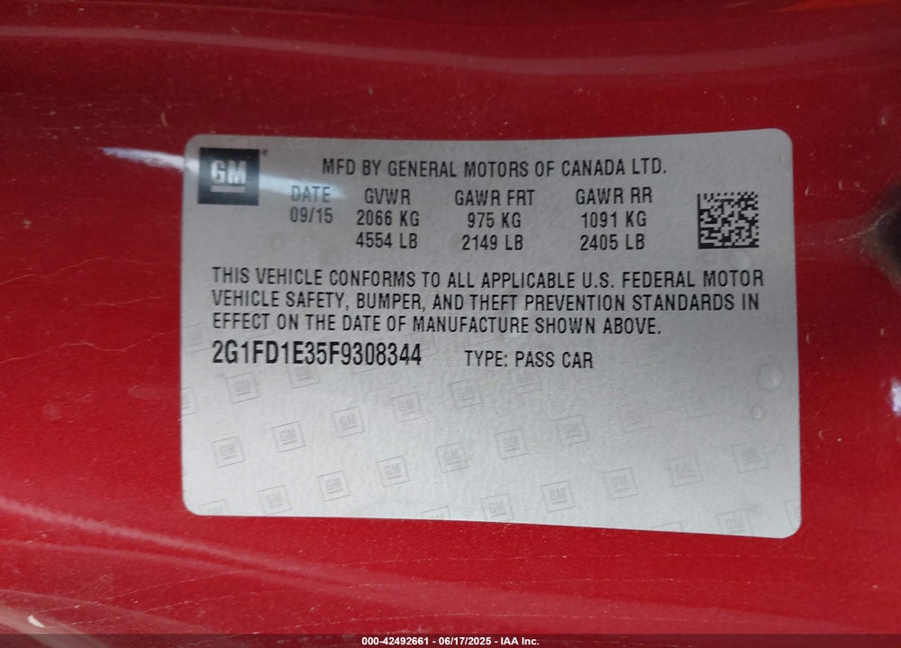 2015 CHEVROLET CAMARO 1LT VIN: 2G1FD1E35F9308344