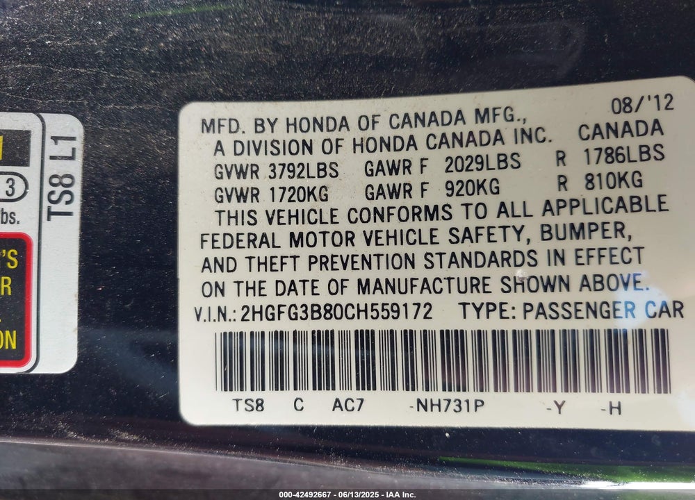 2012 HONDA CIVIC EX VIN: 2HGFG3B80CH559172