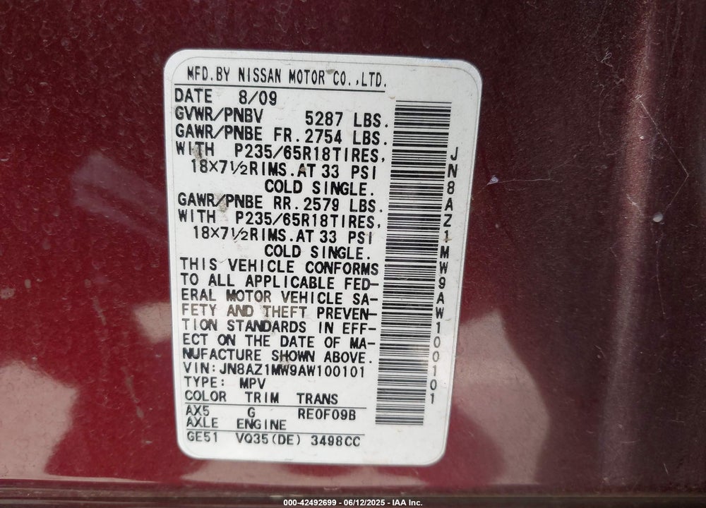 2010 NISSAN MURANO VIN: JN8AZ1MW9AW100101