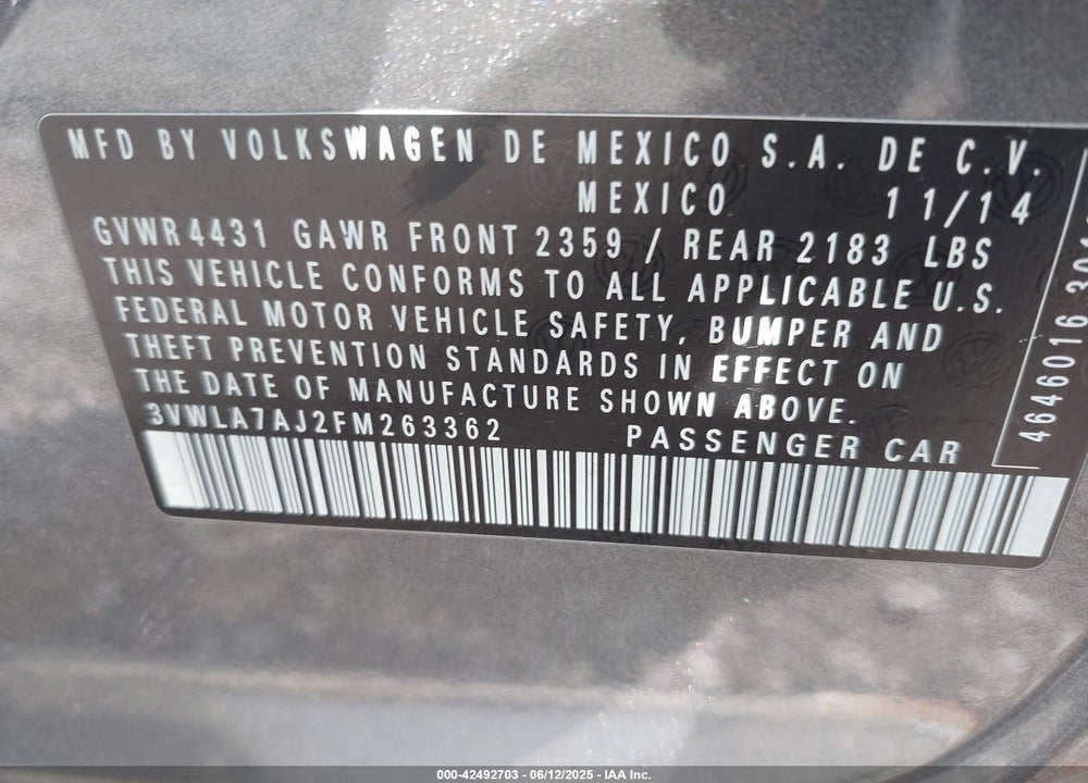 2015 VOLKSWAGEN JETTA VIN: 3VWLA7AJ2FM263362