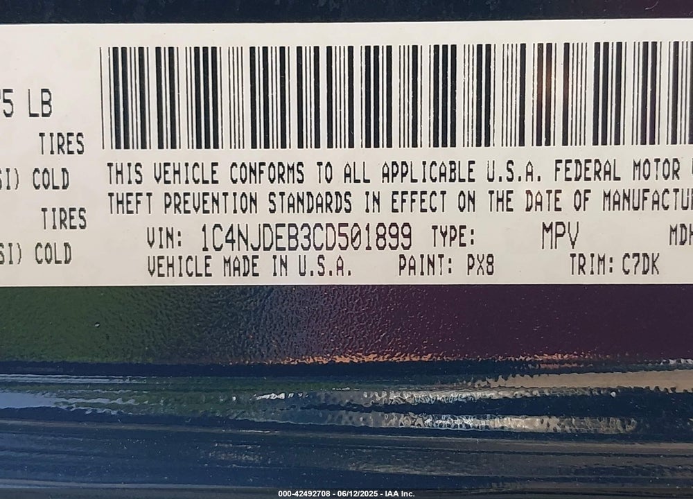 2012 JEEP COMPASS VIN: 1C4NJDEB3CD501899