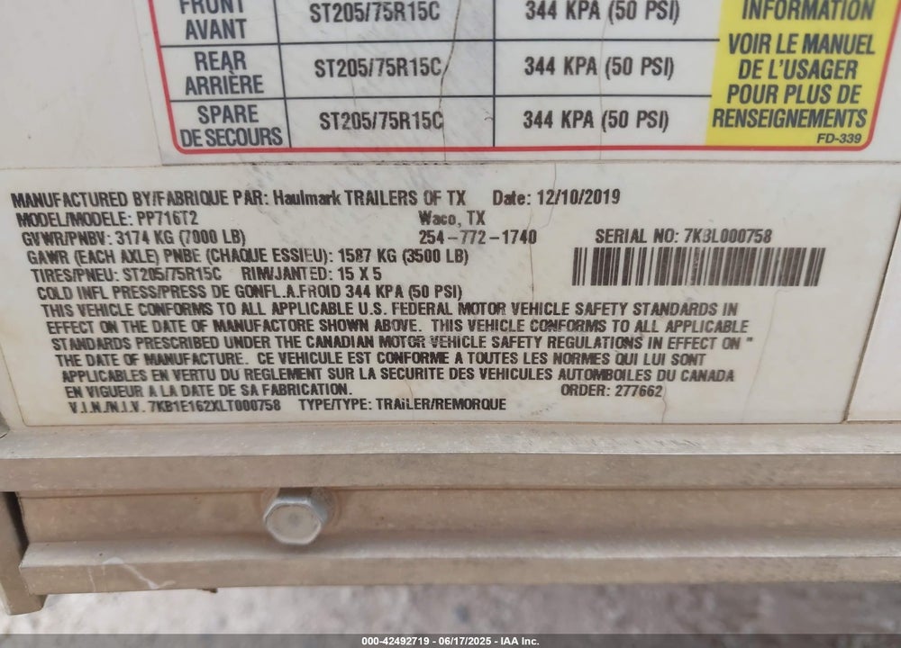 2020 HAUL MARK IND OTHER VIN: 7KB1E162XLT000758