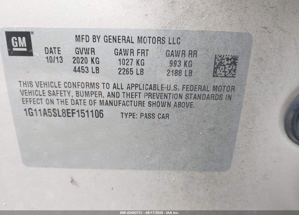 2014 CHEVROLET MALIBU VIN: 1G11A5SL8EF151106