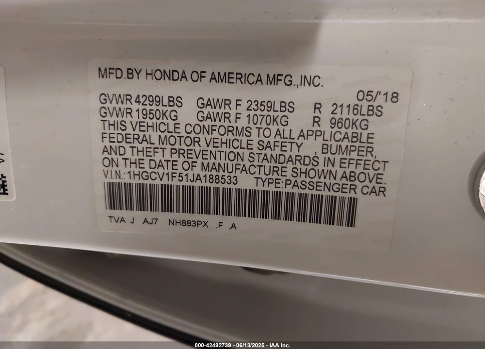 2018 HONDA ACCORD VIN: 1HGCV1F51JA188533