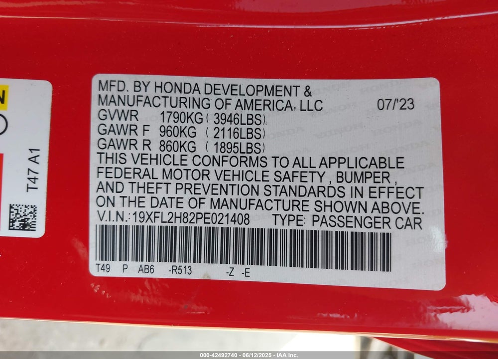 2023 HONDA CIVIC VIN: 19XFL2H82PE021408