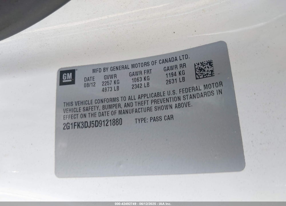 2013 CHEVROLET CAMARO VIN: 2G1FK3DJ5D9121880