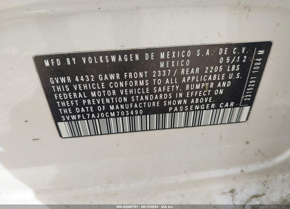 2012 VOLKSWAGEN JETTA SPORTWAGEN 2.0L TDI VIN: 3VWPL7AJ0CM703490