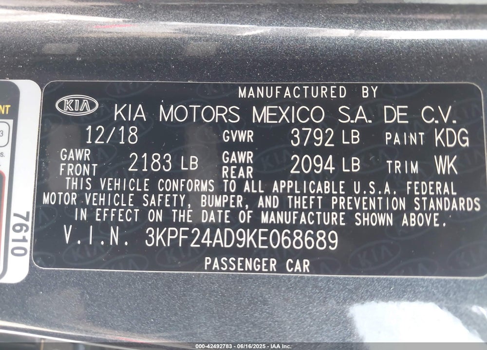 2019 KIA FORTE VIN: 3KPF24AD9KE068689