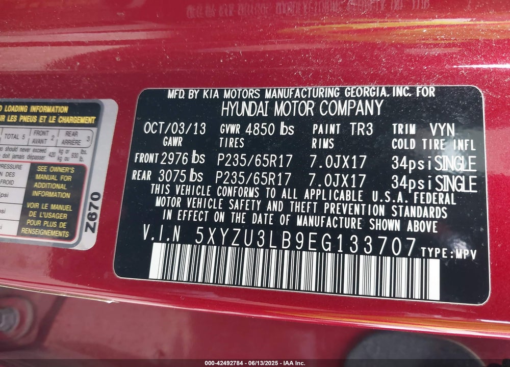 2014 HYUNDAI SANTA FE SPORT VIN: 5XYZU3LB9EG133707