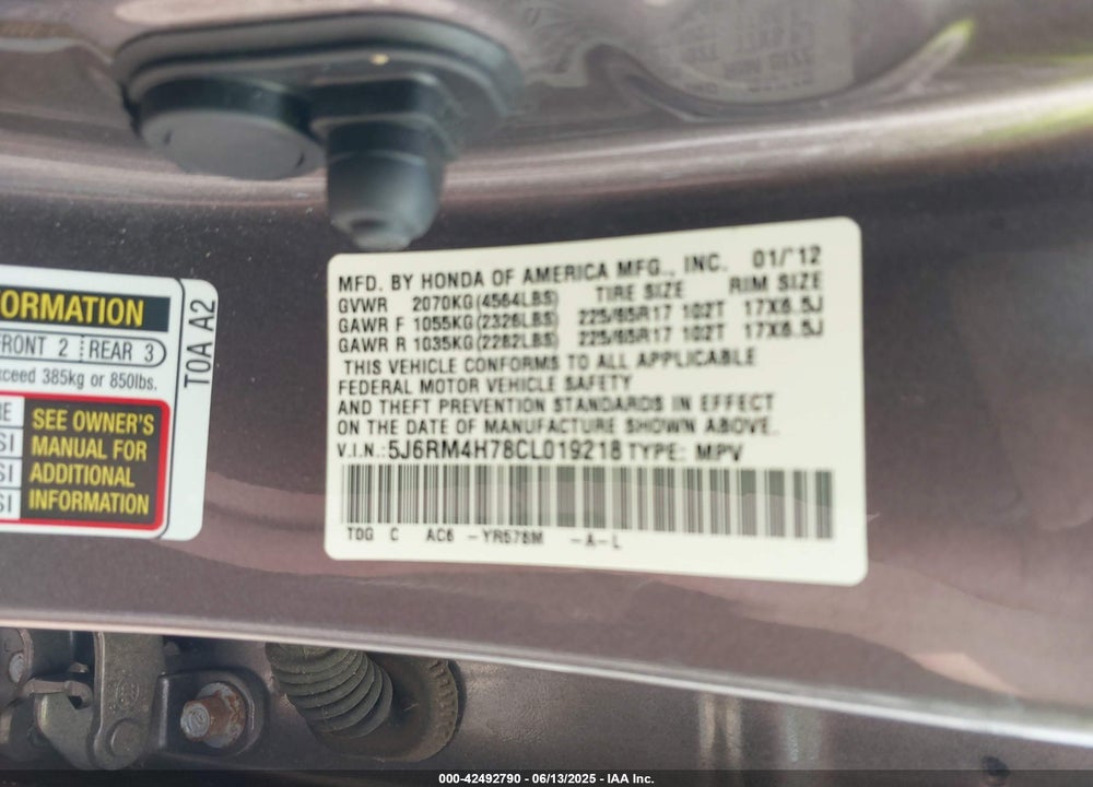 2012 HONDA CR-V EX-L VIN: 5J6RM4H78CL019218