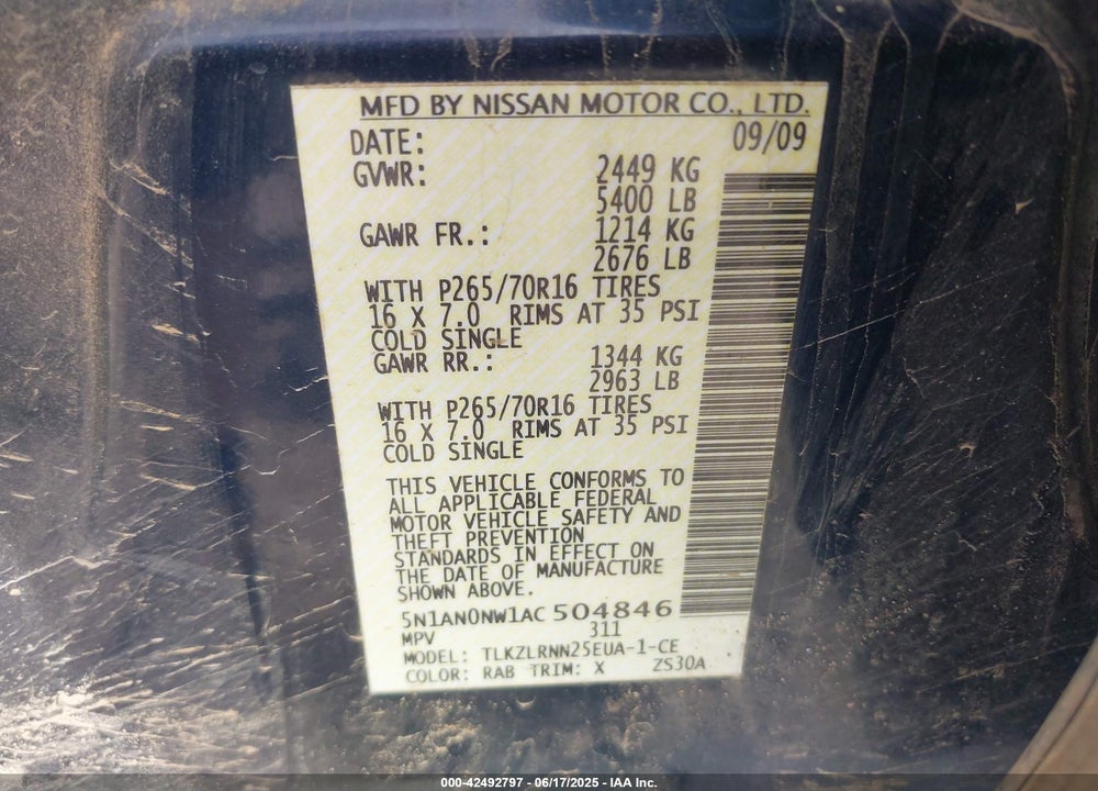 2010 NISSAN XTERRA VIN: 5N1AN0NW1AC504846