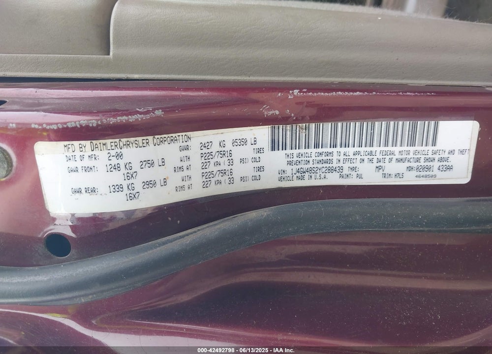 2000 JEEP GRAND CHEROKEE VIN: 1J4GW48S2YC288439