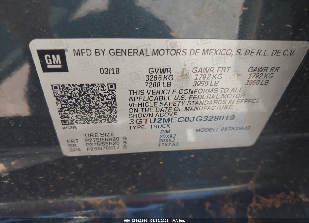 2018 GMC SIERRA 1500 VIN: 3GTU2MEC0JG328019