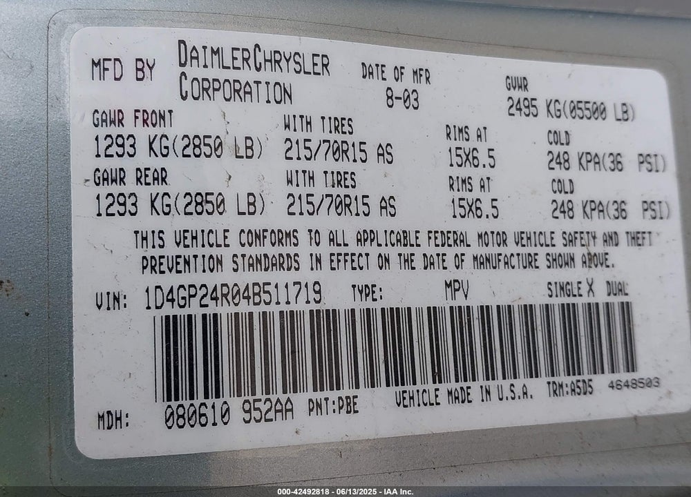 2004 DODGE GRAND CARAVAN SE VIN: 1D4GP24R04B511719