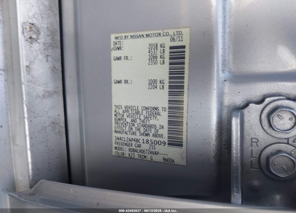 2011 NISSAN ALTIMA VIN: 1N4CL2AP4BC185009
